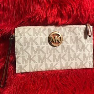 White and Brown MK Logo Clutch
